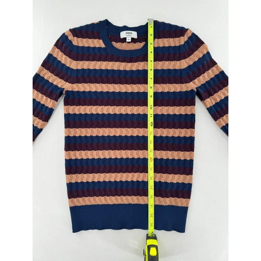 Jason Wu Collective Sweater Sz S Striped Eyelet Crochet Academia Preppy Fitted​​ - Picture 7 of 16